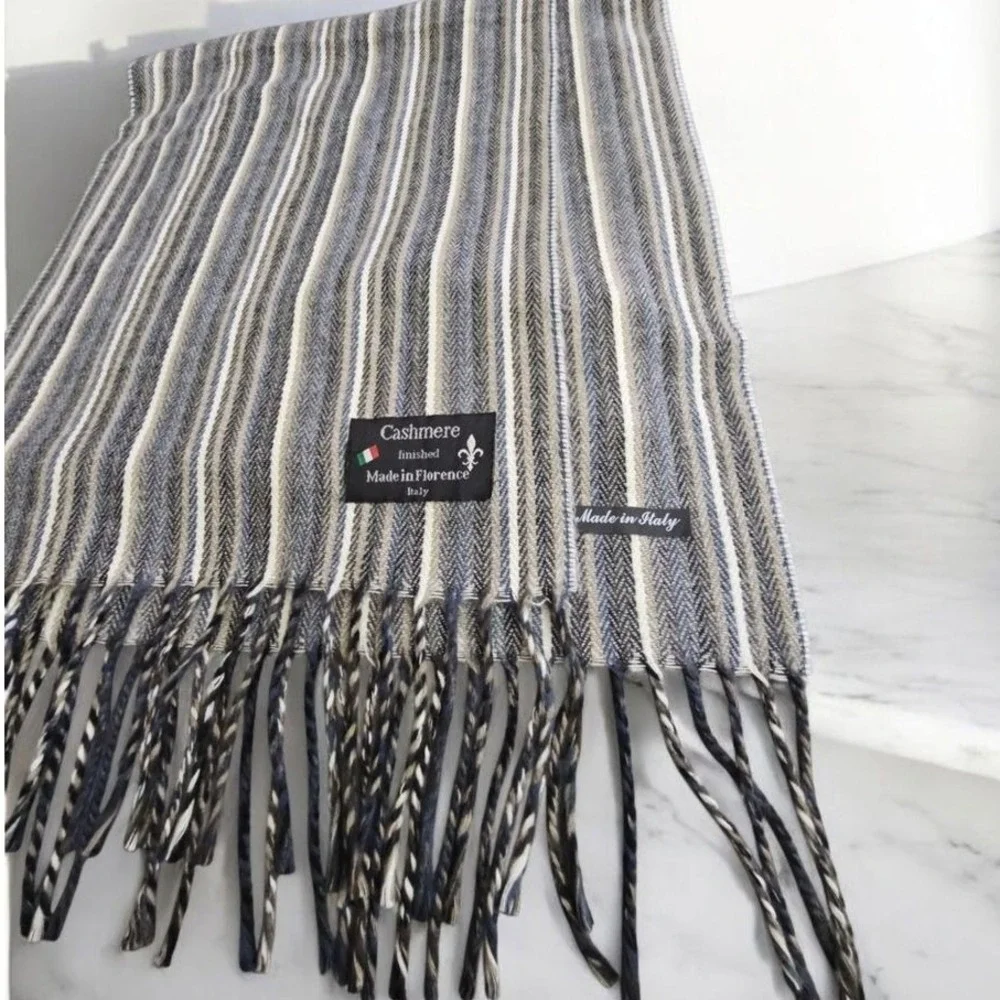 Cashmere Finished Striped Winter Scarf Fringe  Grey White Made‎ in ItalyUnisex